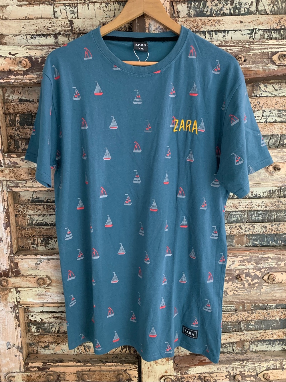 Zara Men’s Teal Sailboat Print Crew Neck T‑Shirt XXL (Eur) or Med Tall (US) NWOT